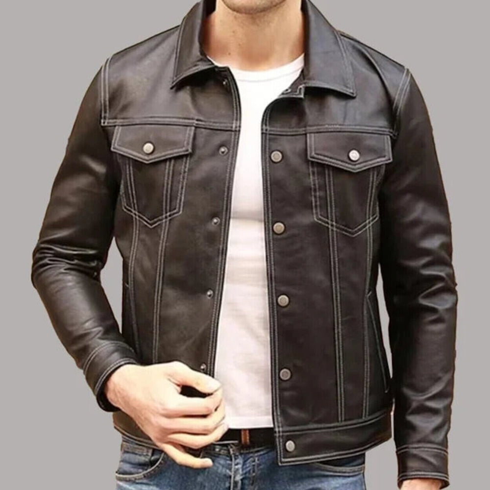 Men's Brown Real Sheepskin Soft Leather Trucker Shirt Style Jacket
