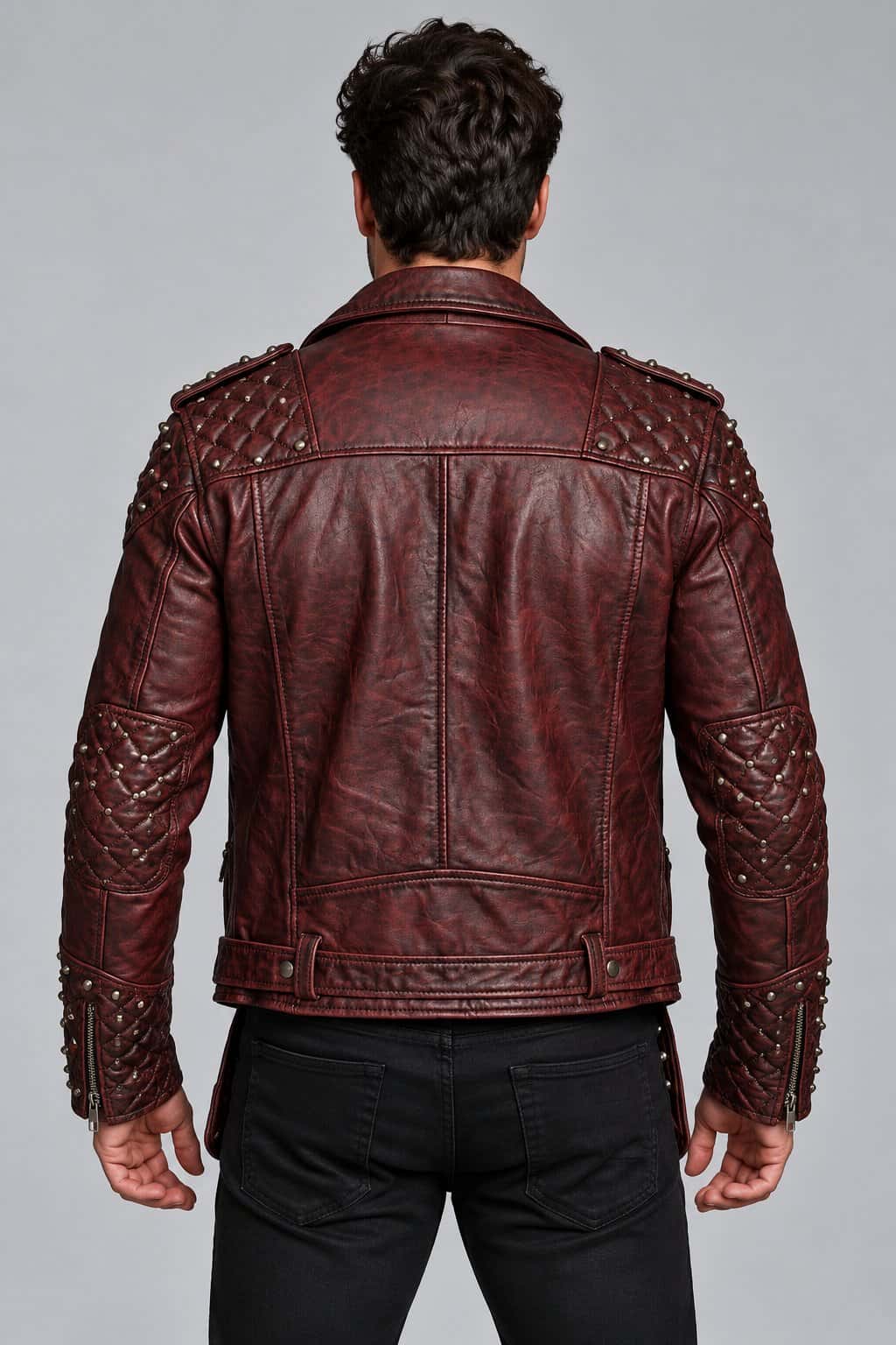 Men's Maroon Quilted Studded Leather Biker Jacket with Belt
