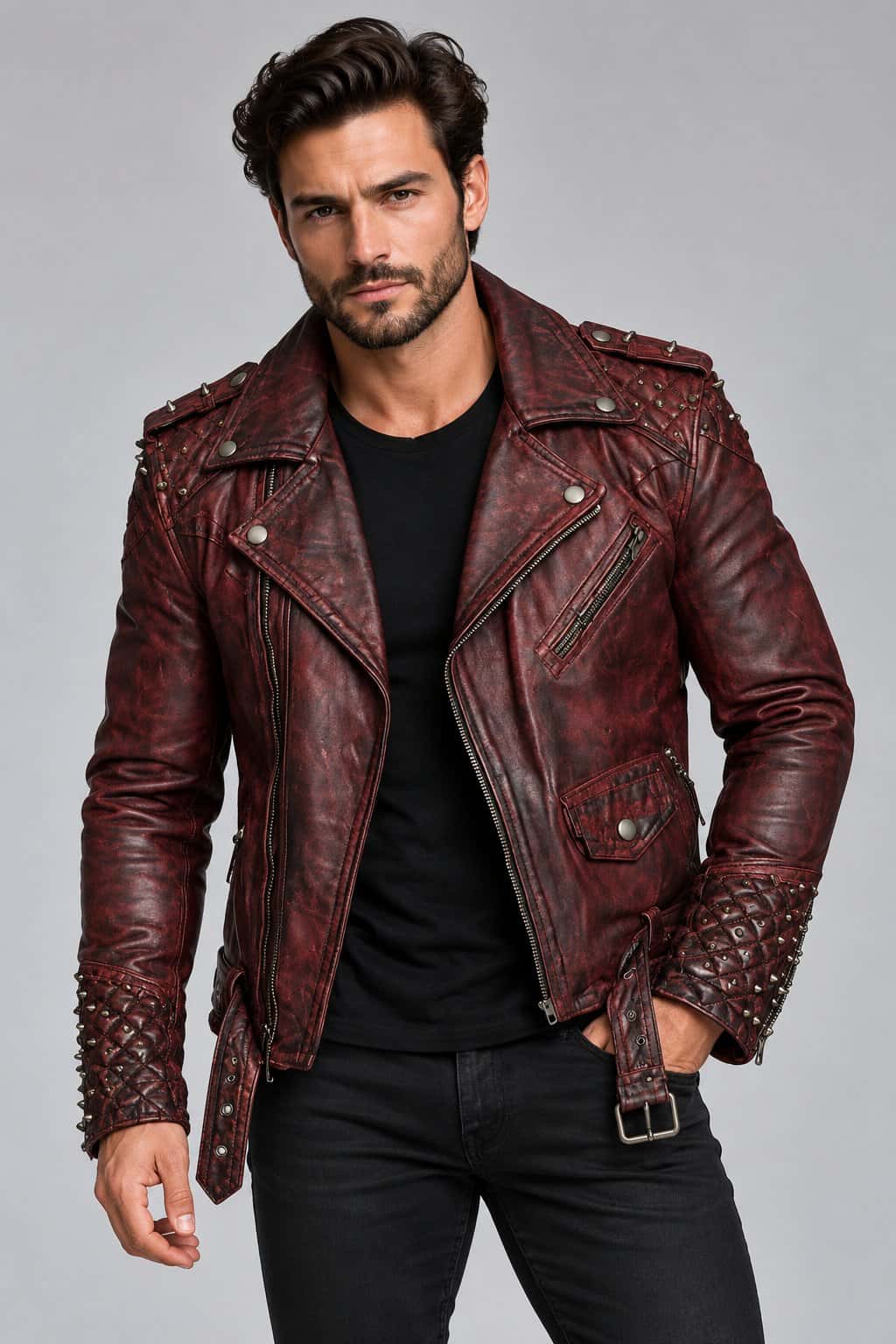 Men's Maroon Quilted Studded Leather Biker Jacket with Belt
