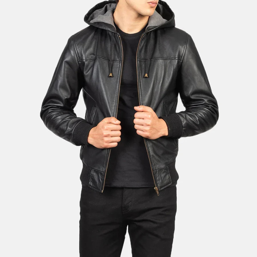 Modern Utility: Men's Black Leather Bomber Jacket with Removable Hood