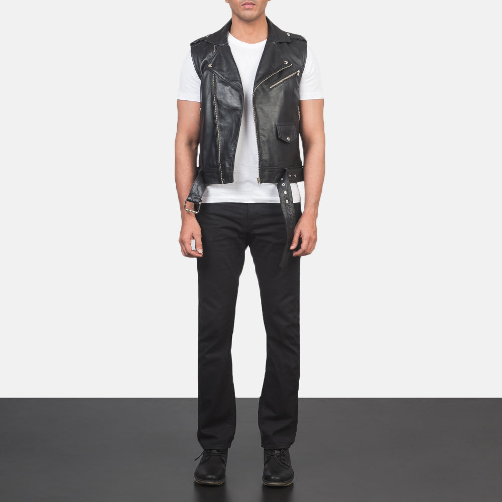 Sullivan Black Leather Biker Vest Avanzar Leather