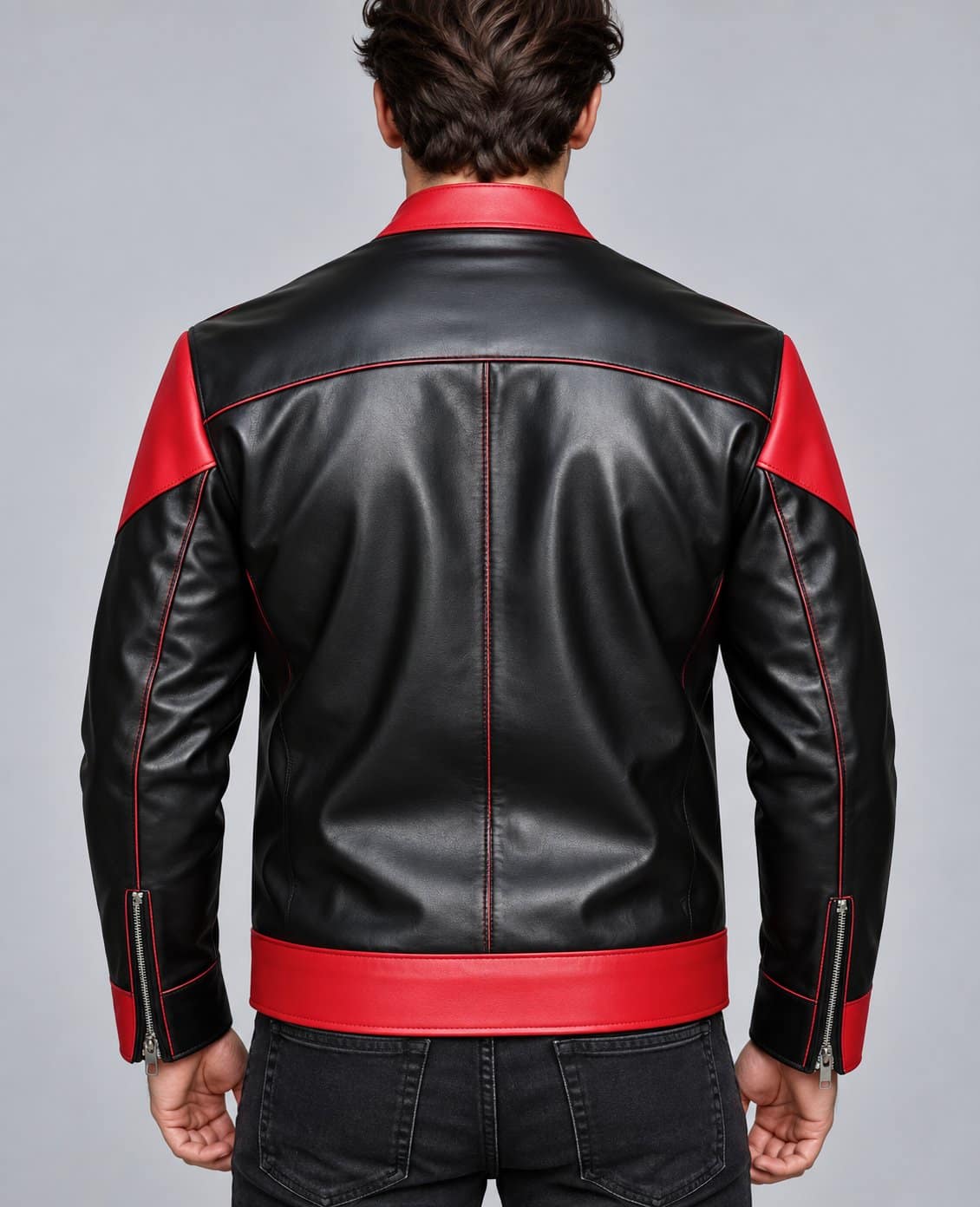 Men’s Black & Red Genuine Leather Slim Fit Biker Jacket