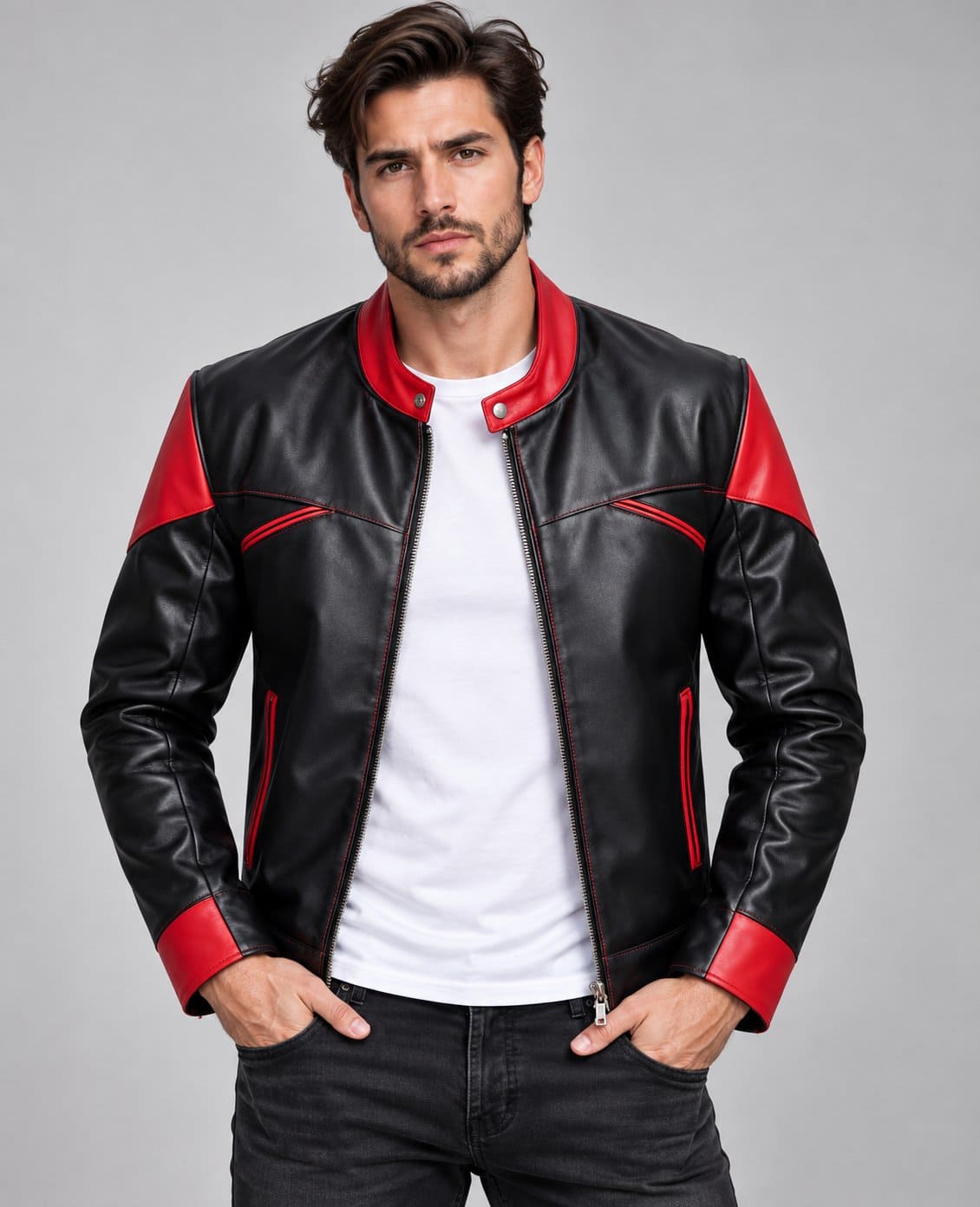 Men’s Black & Red Genuine Leather Slim Fit Biker Jacket