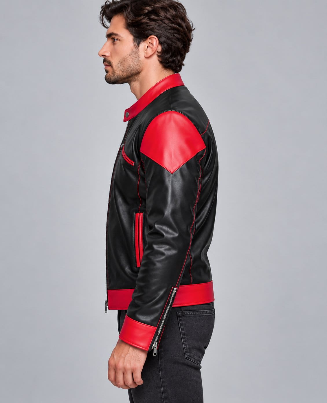 Men’s Black & Red Genuine Leather Slim Fit Biker Jacket