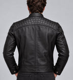 Men’s Black Genuine Leather Biker Jacket with Quilted Shoulders