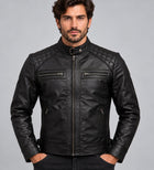 Men’s Black Genuine Leather Biker Jacket with Quilted Shoulders