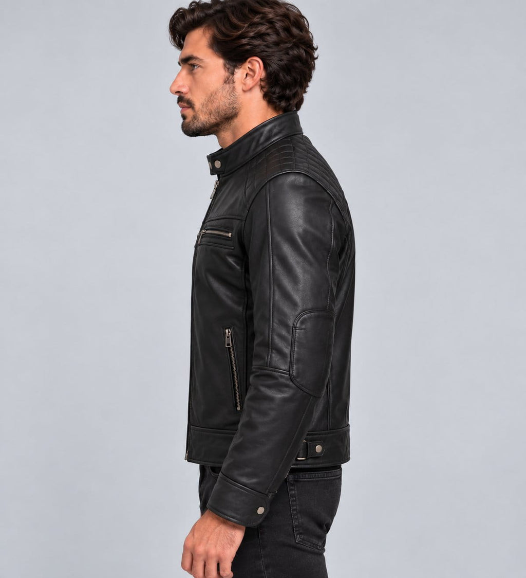Men’s Black Genuine Leather Biker Jacket with Quilted Shoulders
