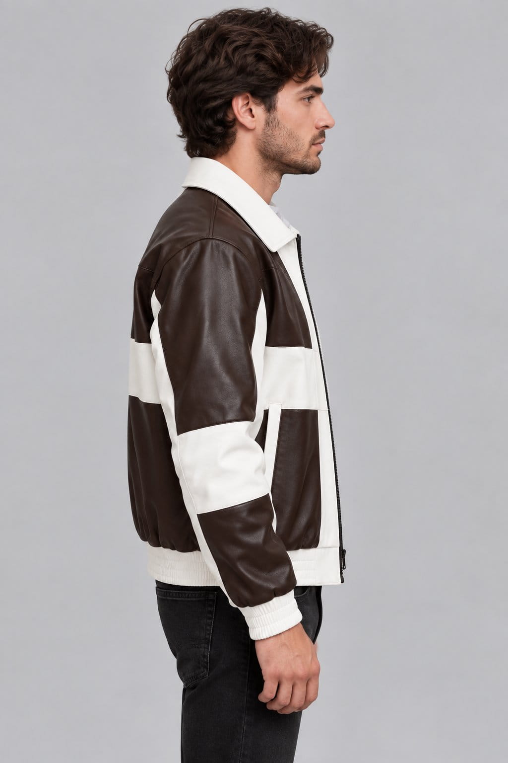 Men’s Brown & Cream Genuine Lambskin Leather Bomber Jacket