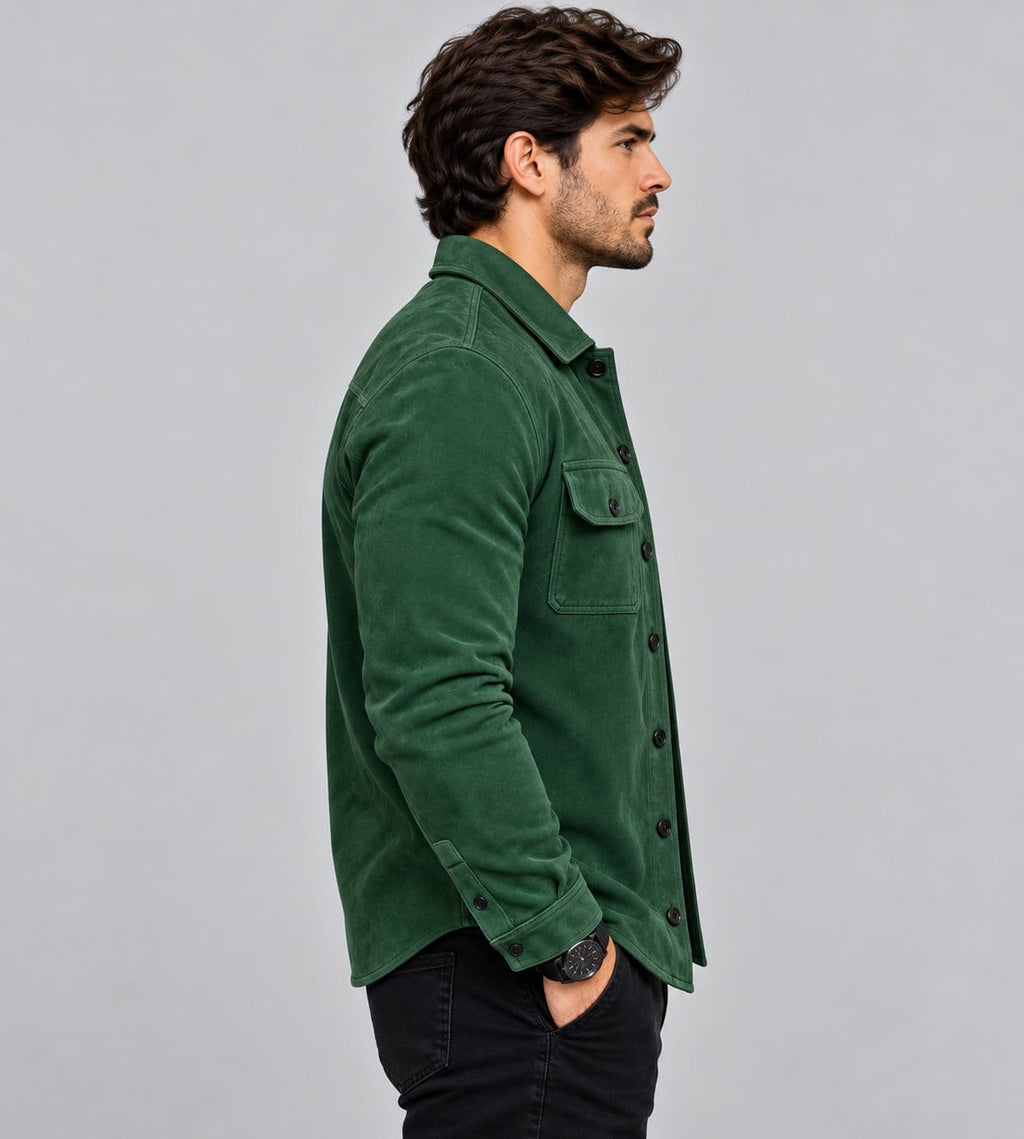Men’s Green Sheepskin Suede Leather Biker Jacket