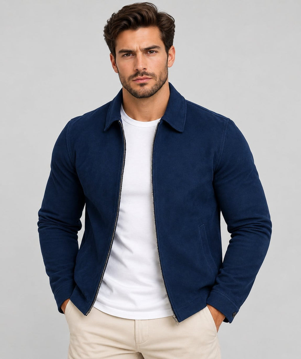 Men’s Handmade Navy Blue Sheepskin Suede Leather Biker Jacket