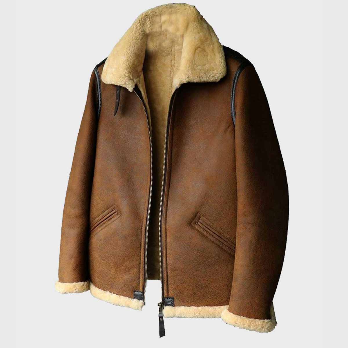 Mens Brown B3 Shearling Aviator Leather Jacket