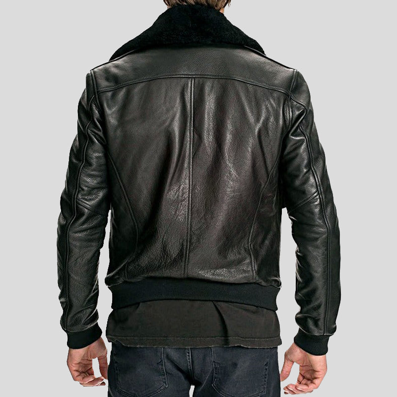 Mens Black Air Force Leather Bomber Jacket Fur Collar