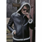 Men’s Black Sheepskin Leather White Shearling Jacket with Hood