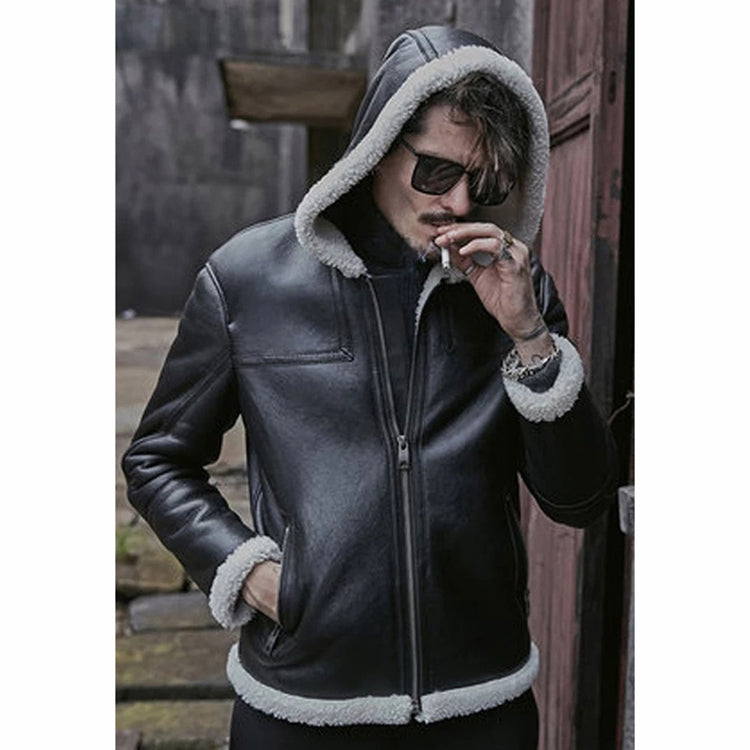 Men’s Black Sheepskin Leather White Shearling Jacket with Hood