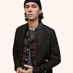 Men's Black Leather Harrington Jacket with Front Zipper
