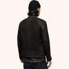 Men's Black Leather Harrington Jacket with Front Zipper