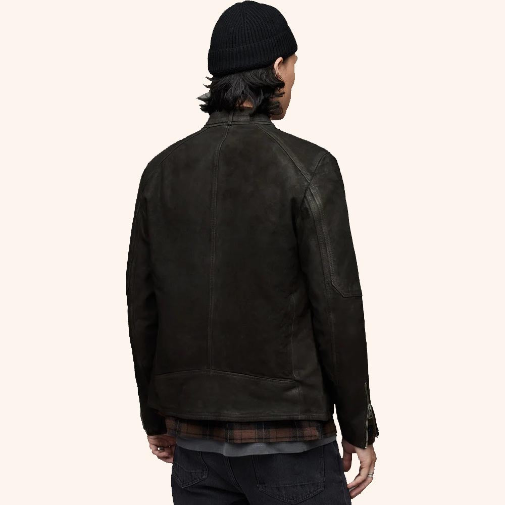 Men's Black Leather Harrington Jacket with Front Zipper