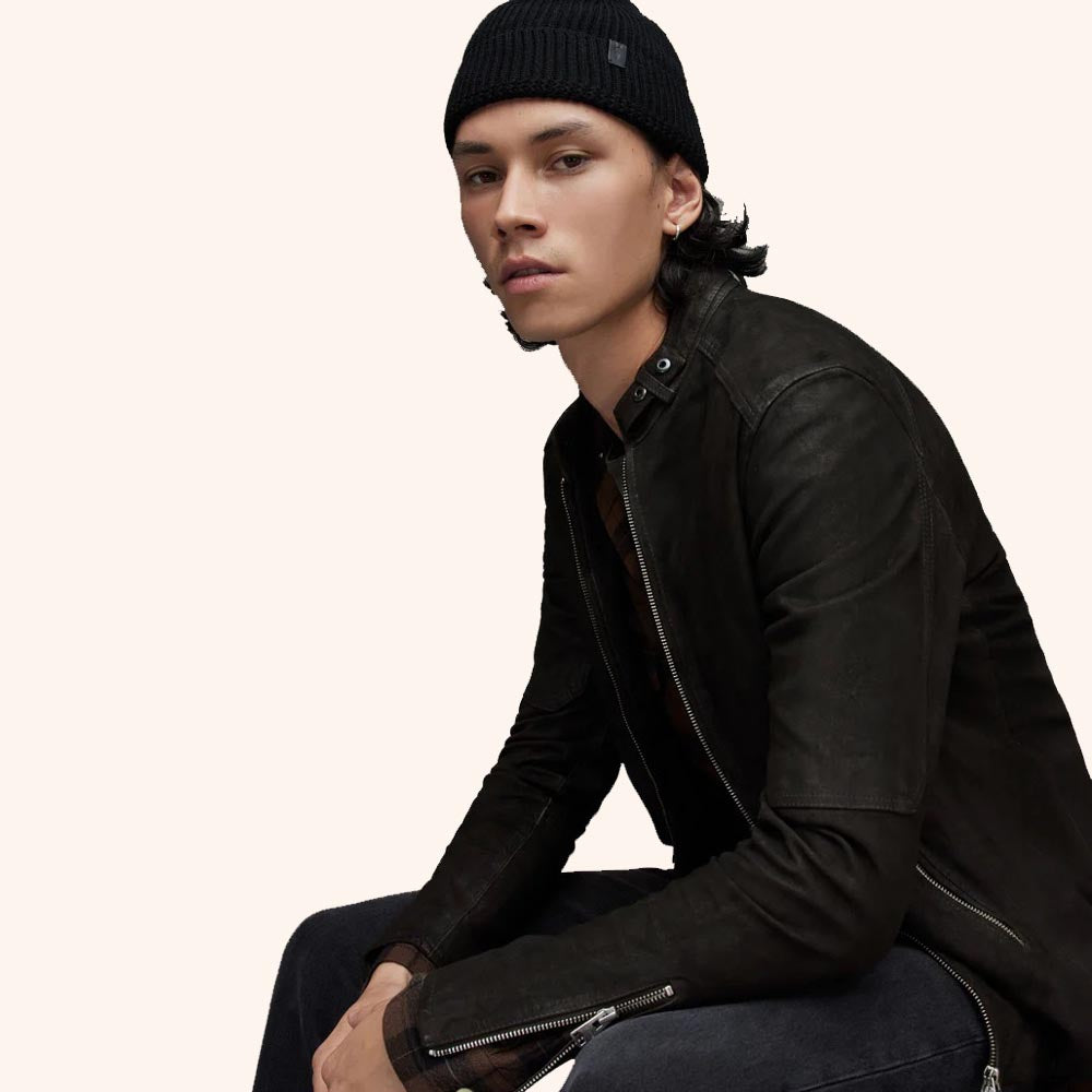 Men's Black Leather Harrington Jacket with Front Zipper