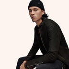 Men's Black Leather Harrington Jacket with Front Zipper