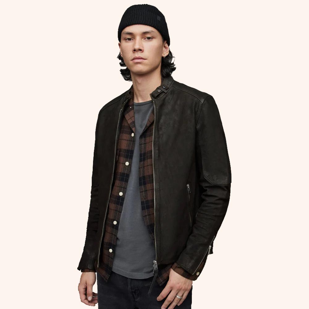 Men's Black Leather Harrington Jacket with Front Zipper