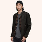 Men's Black Leather Harrington Jacket with Front Zipper