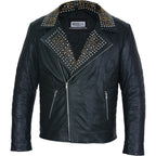 Mens Black Leather Jacket - Studded Spiked Studs Punk Asymmetrical Zip Jacket
