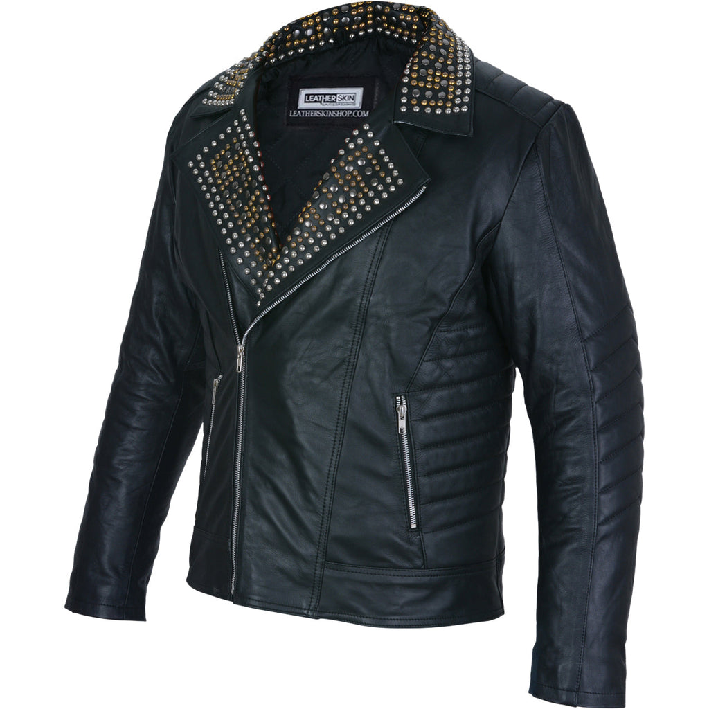 Mens Black Leather Jacket - Studded Spiked Studs Punk Asymmetrical Zip Jacket
