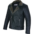 Mens Black Leather Jacket - Studded Spiked Studs Punk Asymmetrical Zip Jacket