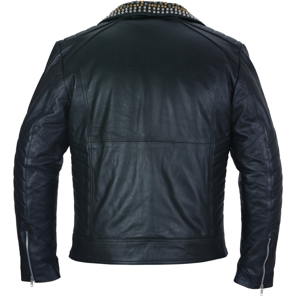 Mens Black Leather Jacket - Studded Spiked Studs Punk Asymmetrical Zip Jacket