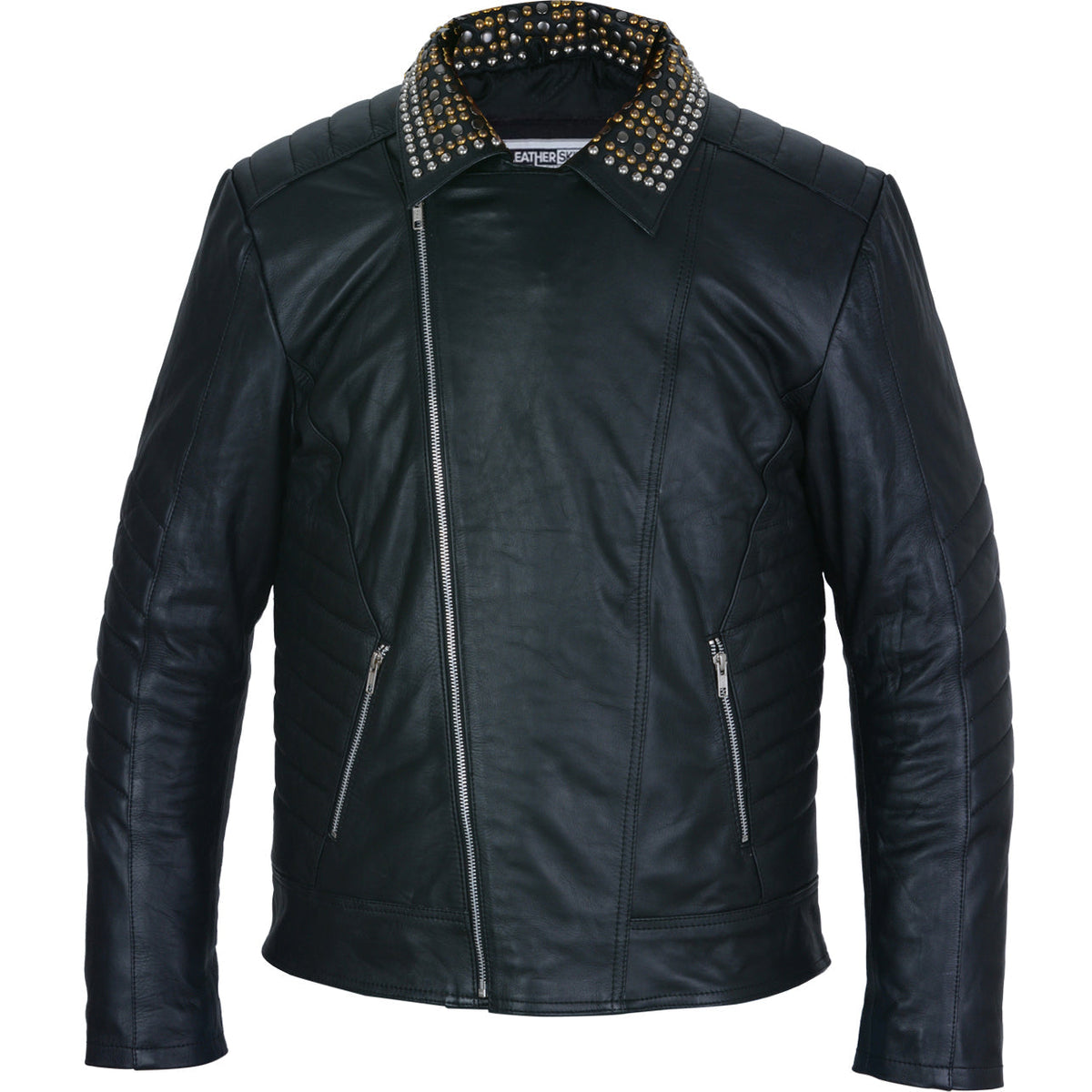 Mens Black Leather Jacket - Studded Spiked Studs Punk Asymmetrical Zip Jacket