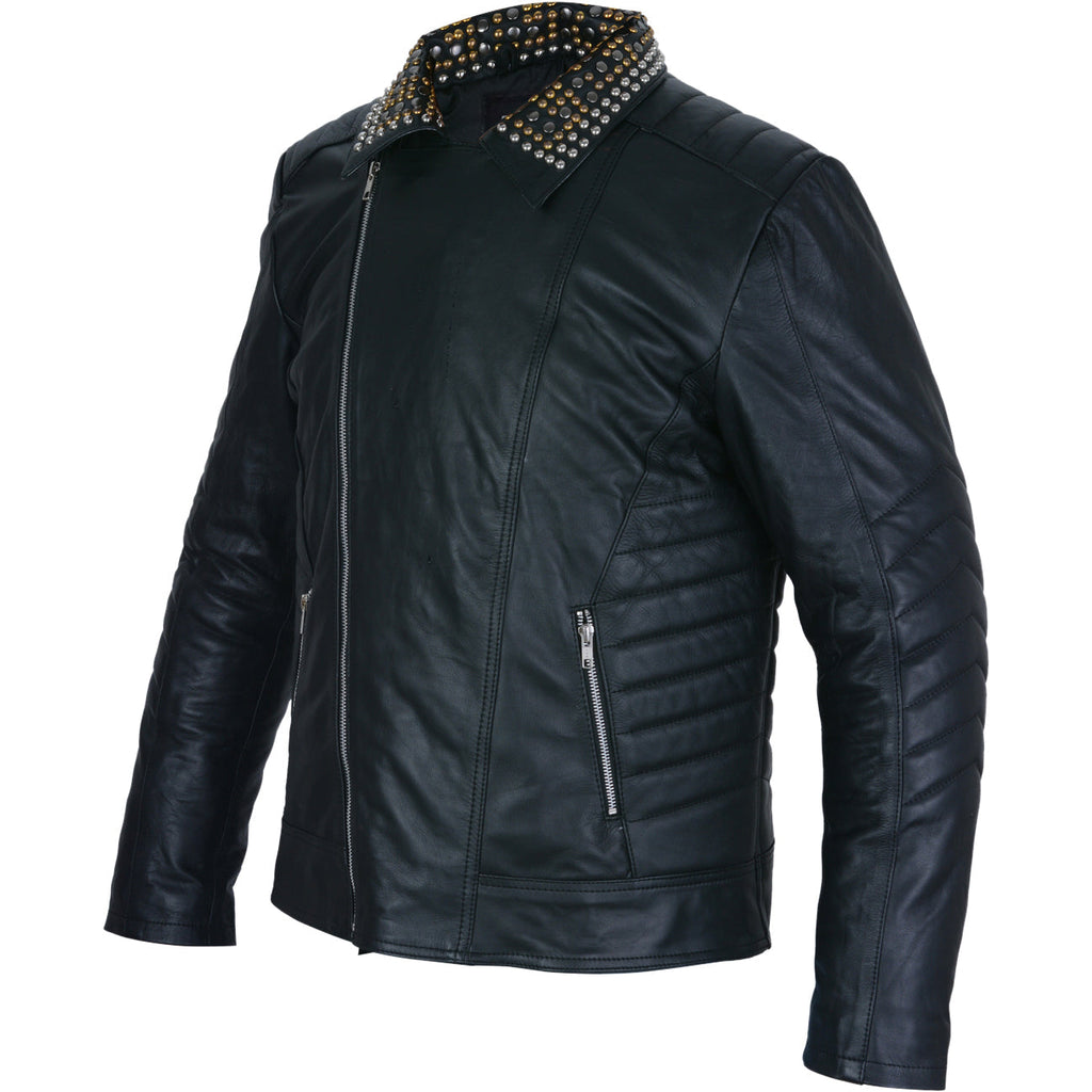 Mens Black Leather Jacket - Studded Spiked Studs Punk Asymmetrical Zip Jacket