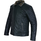 Mens Black Leather Jacket - Studded Spiked Studs Punk Asymmetrical Zip Jacket