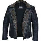 Mens Black Leather Jacket - Studded Spiked Studs Punk Asymmetrical Zip Jacket