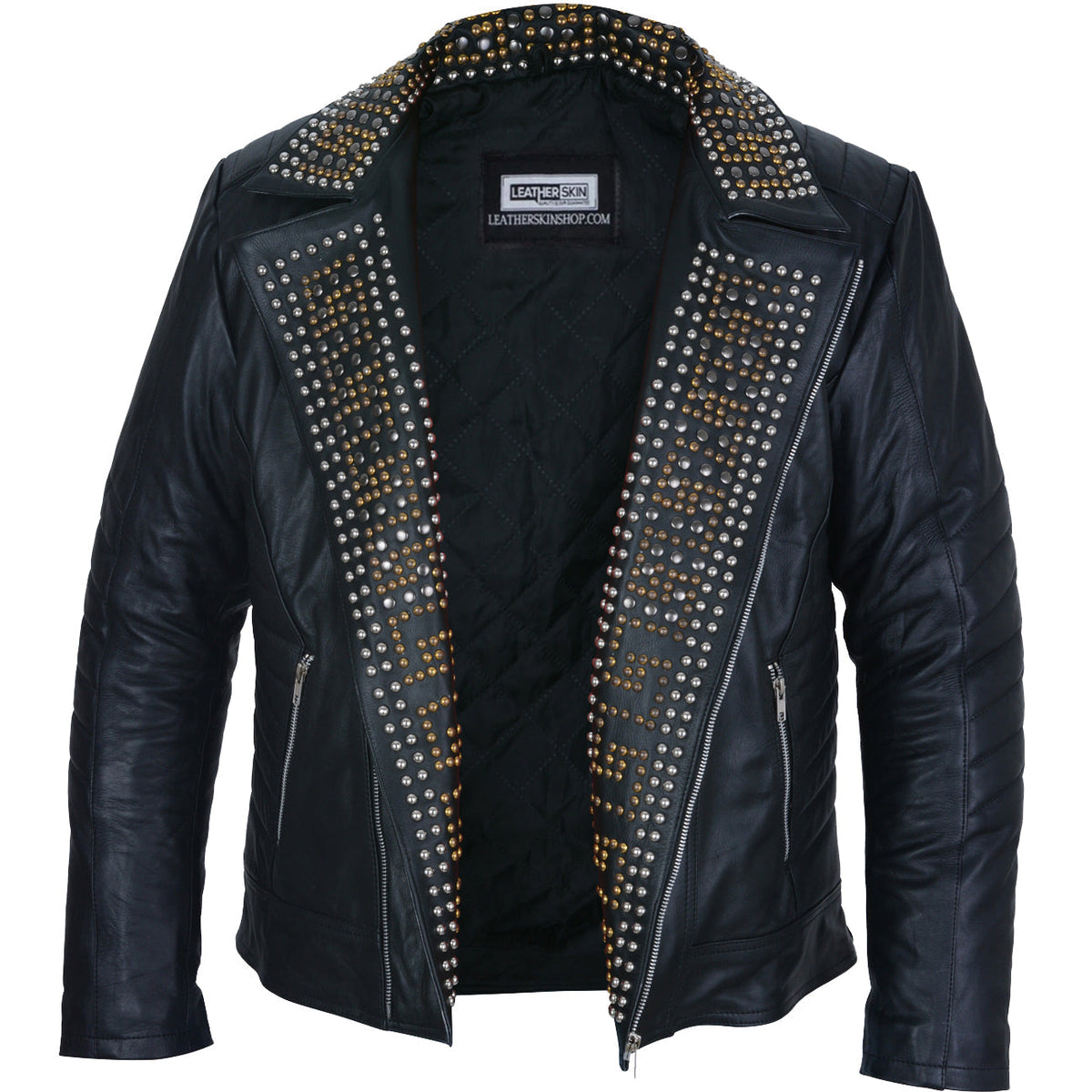 Mens Black Leather Jacket - Studded Spiked Studs Punk Asymmetrical Zip Jacket