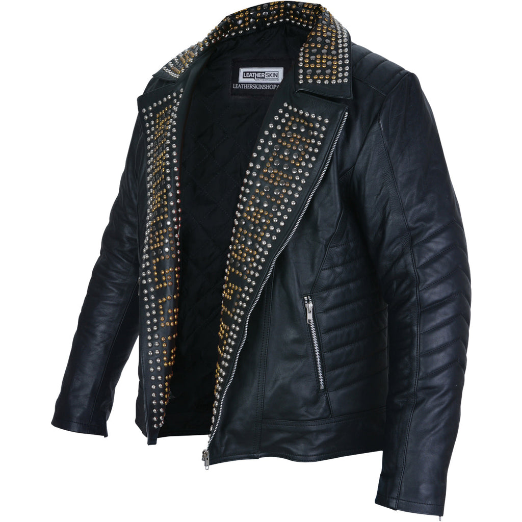 Mens Black Leather Jacket - Studded Spiked Studs Punk Asymmetrical Zip Jacket