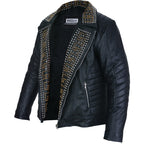Mens Black Leather Jacket - Studded Spiked Studs Punk Asymmetrical Zip Jacket