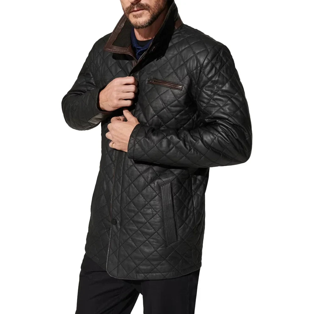 Mens Black Diamond Quilted Leather Jacket