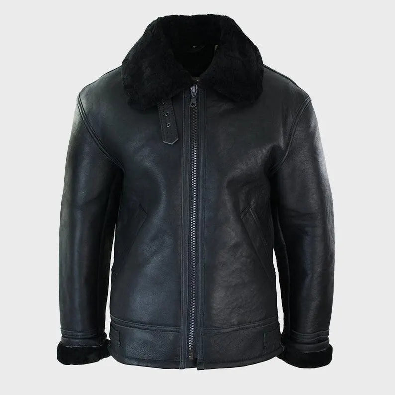 Men’s Black Shearling Leather Jacket with Turn-Down Collar Winter Warm Jacket
