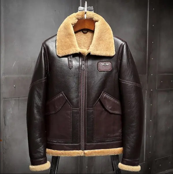 Mens Brown B3 Shearling Fur Sheepskin Leather Airforce Flight Jacket