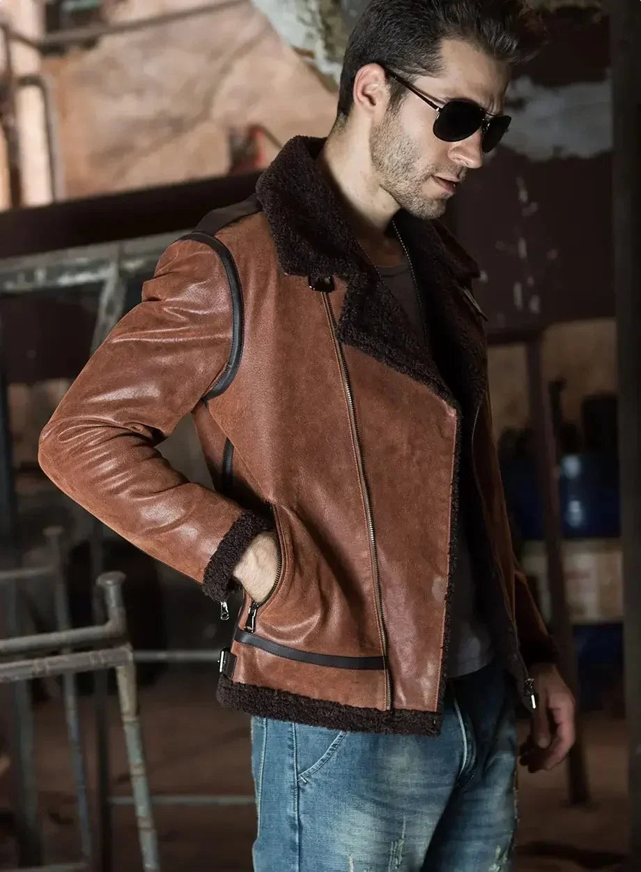 Men's Fur Lining Brown Shearling Leather Jacket