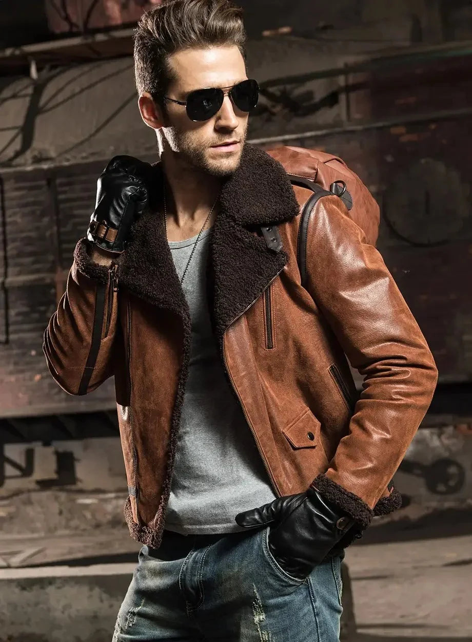 Men's Fur Lining Brown Shearling Leather Jacket