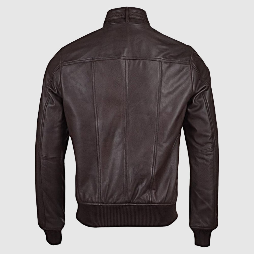 Men’s Brown Genuine Sheepskin Leather Bomber Rib Jacket
