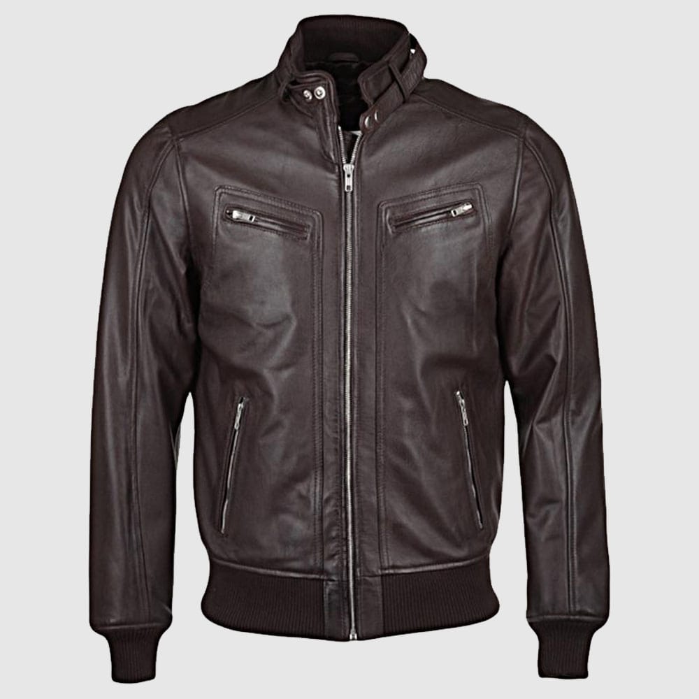 Men’s Brown Genuine Sheepskin Leather Bomber Rib Jacket