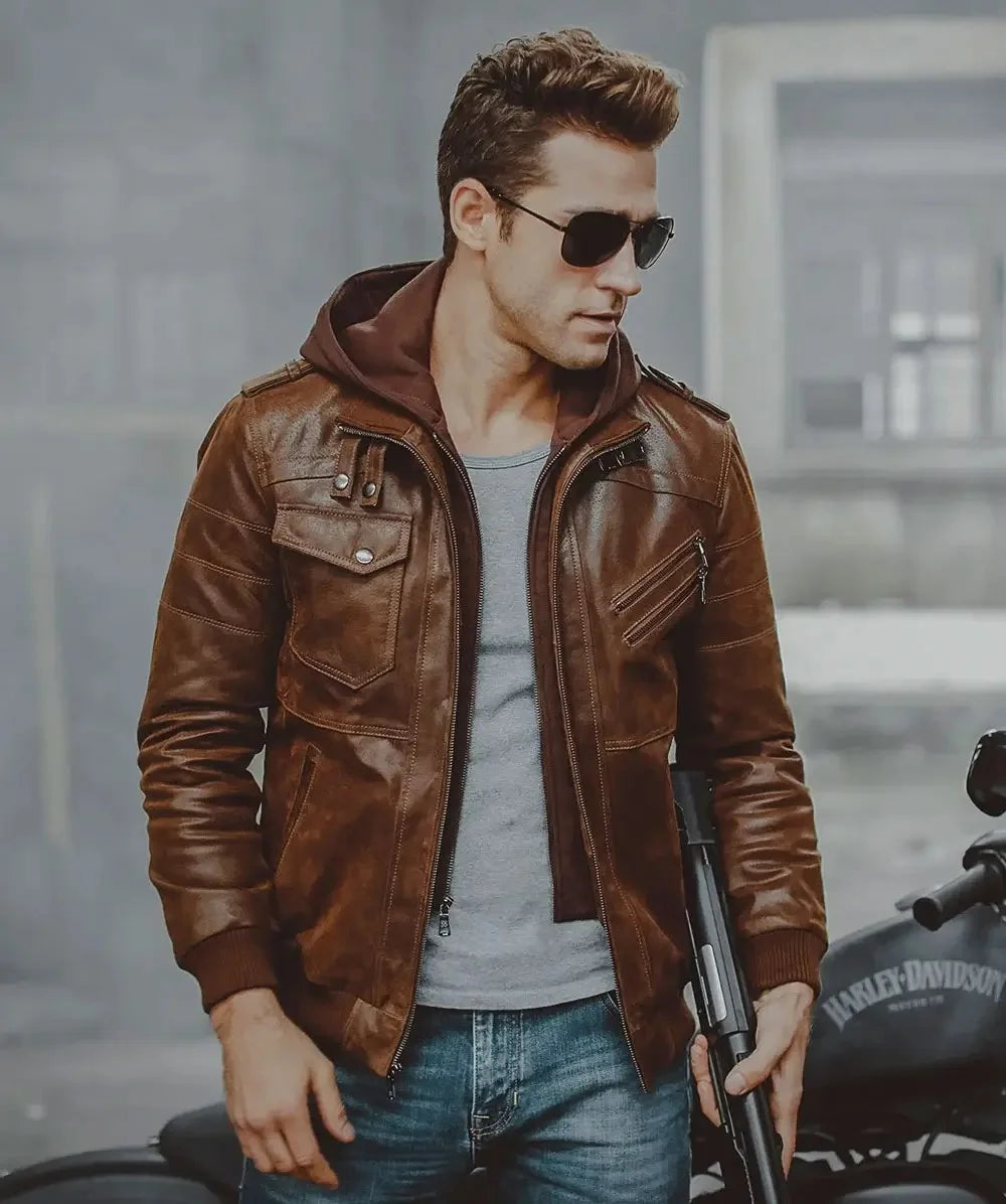 Mens Brown Leather Bomber Jacket
