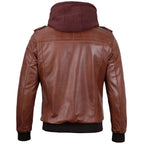 Mens Brown Real Leather Jacket with Detachable Hood