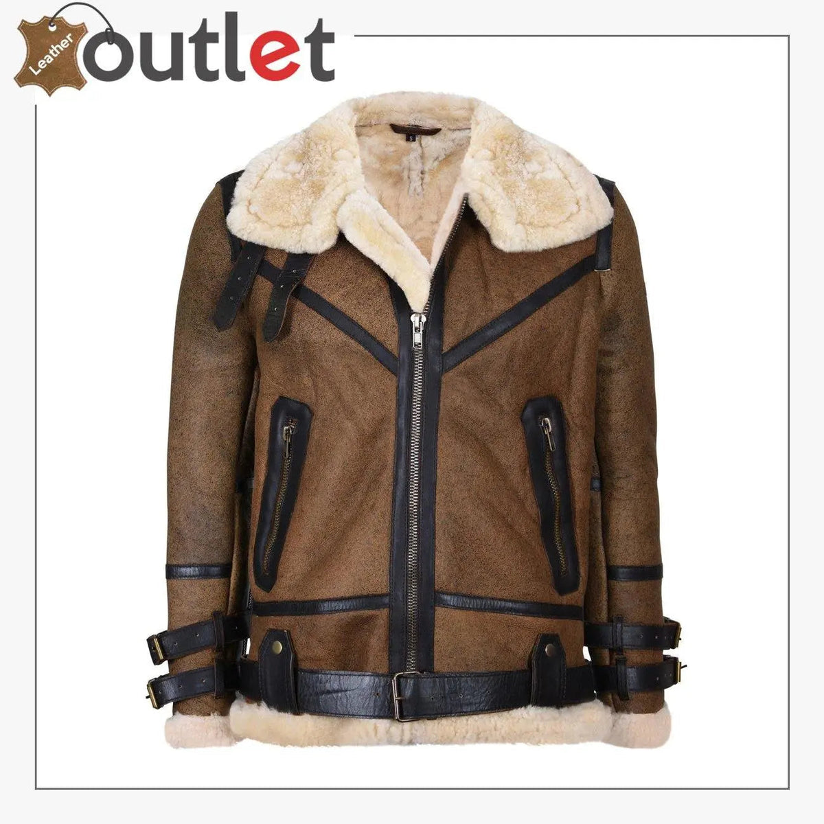 Mens Brown Vintage Pilot B3 Sheepskin Flying Leather Jacket