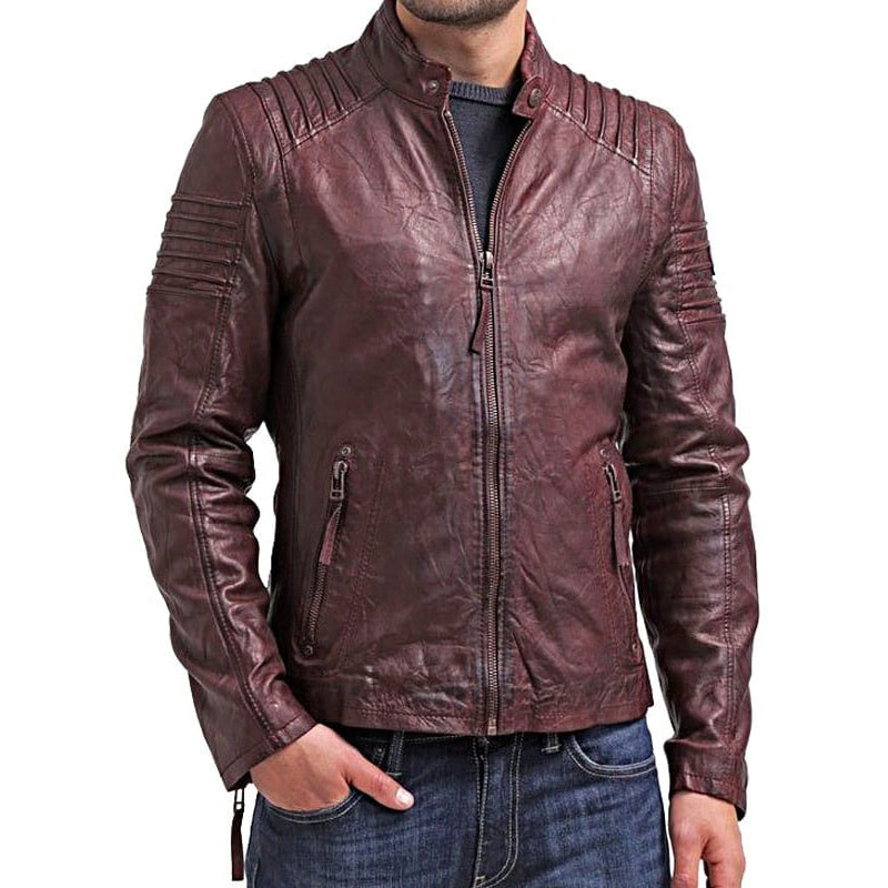 Mens Waxed Leather Cafe Racer Biker Jacket Copper Burgundy