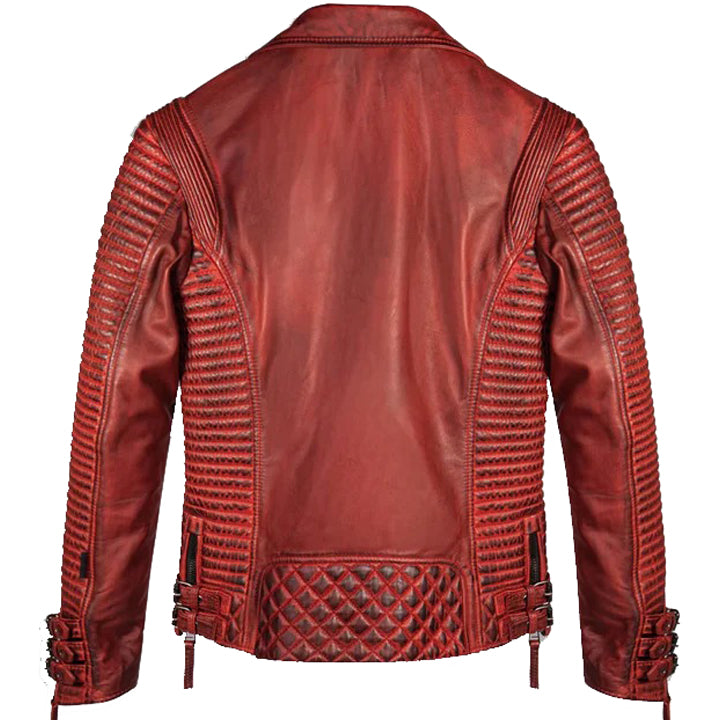 Men's Burnt Red Leather Biker Motorcycle Jacket