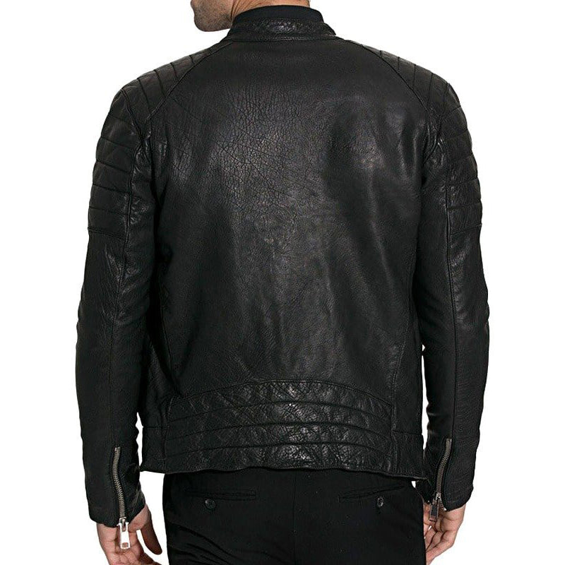Mens Waxed Sheepskin Leather Cafe Racer Biker Jacket Black