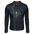 Mens Waxed Sheepskin Leather Cafe Racer Biker Jacket Black